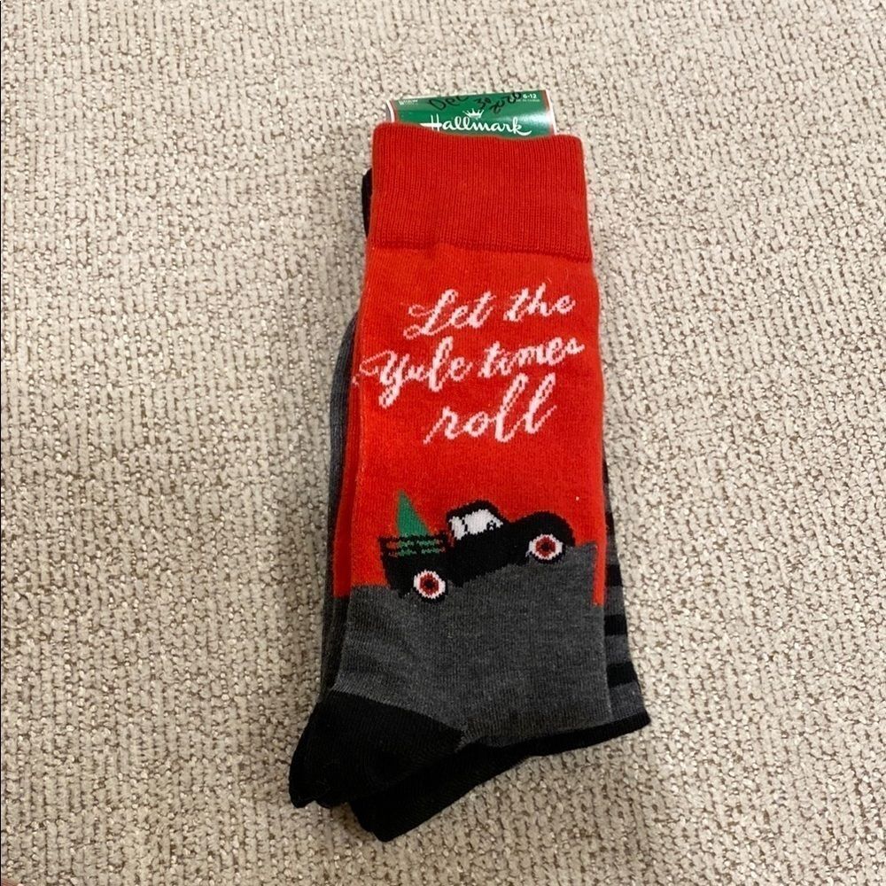 NWT Hallmark Red Holiday Socks with Truck Design- Let the Yule Times Roll 2 Pair